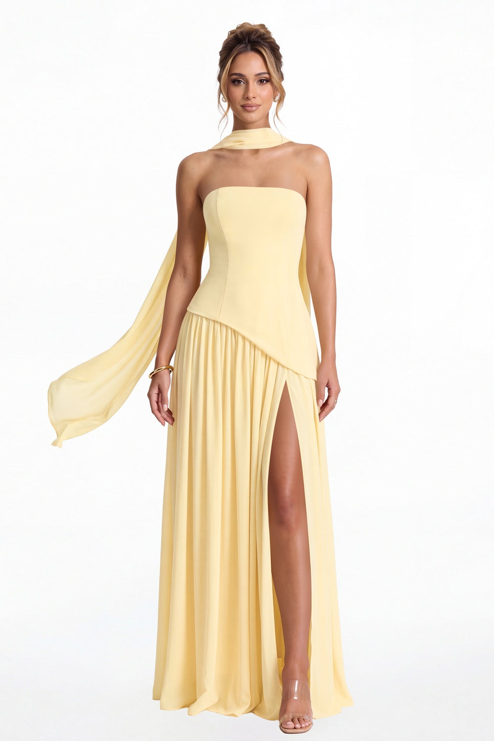 Butter Yellow Strapless Scarf Chiffon Slit Maxi Gown - Front View