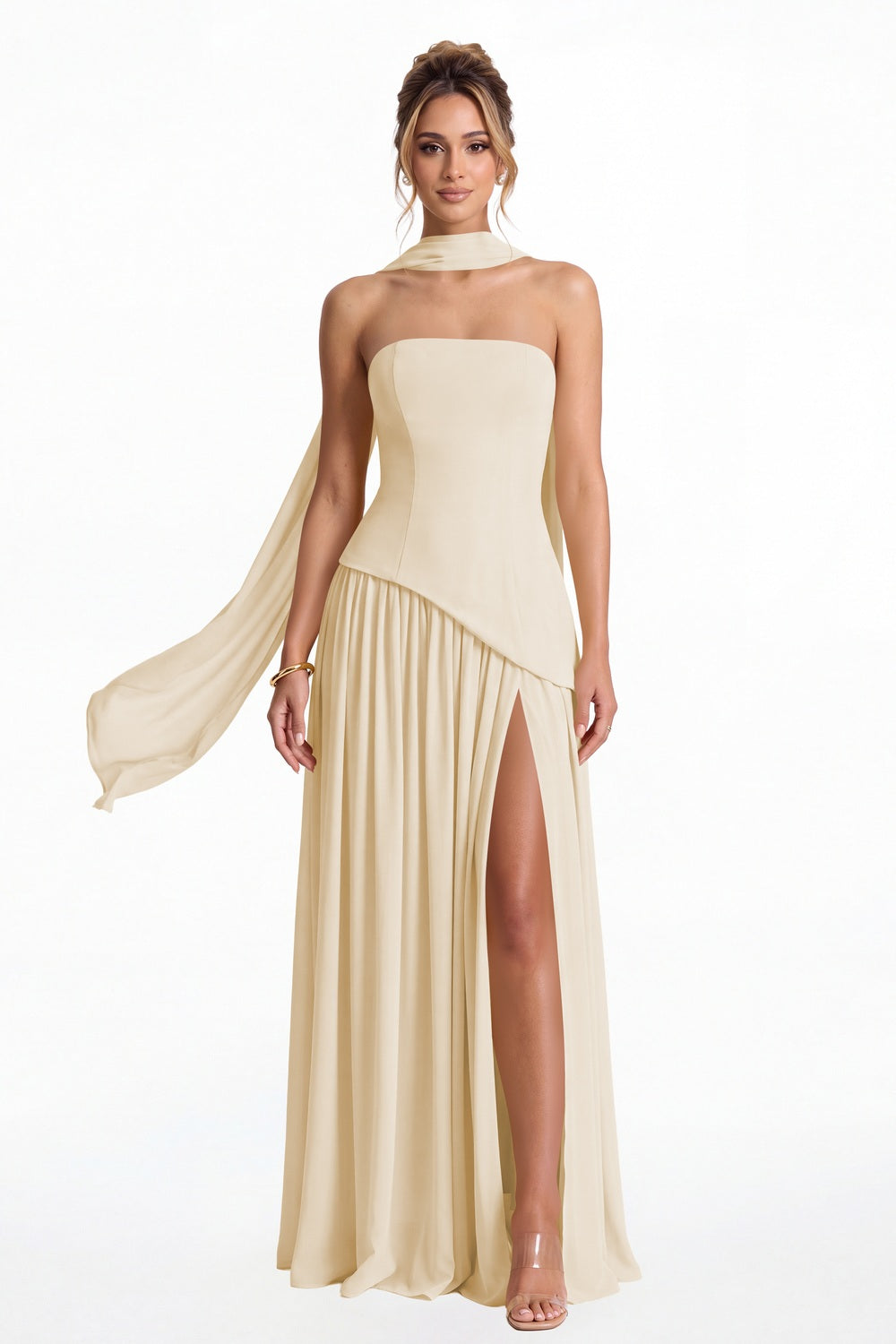 Champagne Strapless Scarf Chiffon Slit Maxi Gown - Front View