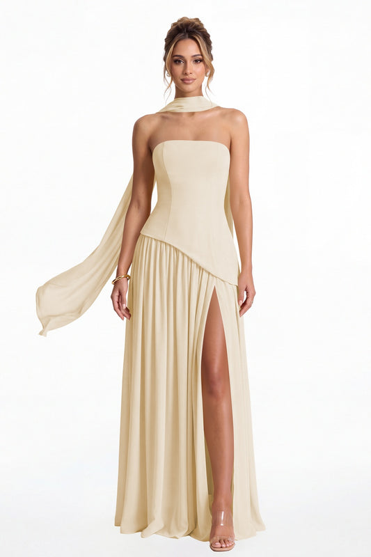 Champagne Strapless Scarf Chiffon Slit Maxi Gown - Front View