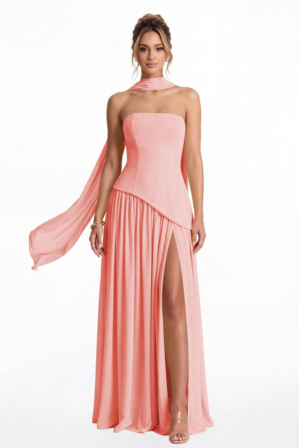 Coral Strapless Scarf Chiffon Slit Maxi Gown - Front View