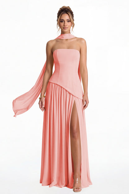 Coral Strapless Scarf Chiffon Slit Maxi Gown - Front View