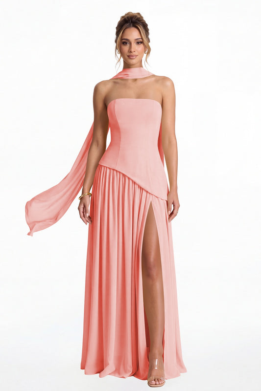 Coral Strapless Scarf Chiffon Slit Maxi Gown - Front View