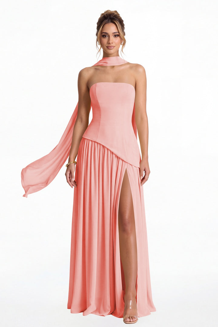 Coral Strapless Scarf Chiffon Slit Maxi Gown - Front View