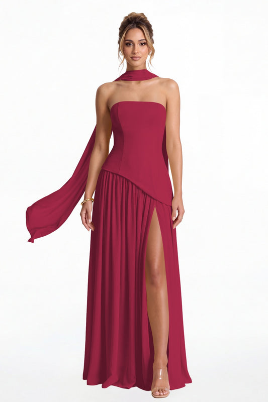 Desert Rose Strapless Scarf Chiffon Slit Maxi Gown - Front View