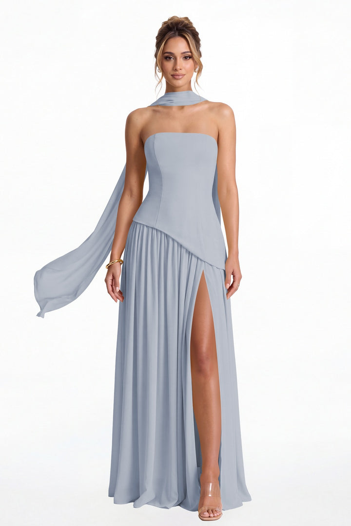 Dusty Blue Strapless Scarf Chiffon Slit Maxi Gown - Front View