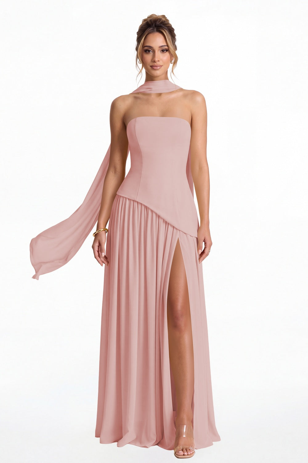 Dusty Rose Strapless Scarf Chiffon Slit Maxi Gown - Front View