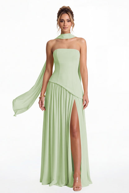 Dusty Sage Strapless Scarf Chiffon Slit Maxi Gown - Front View