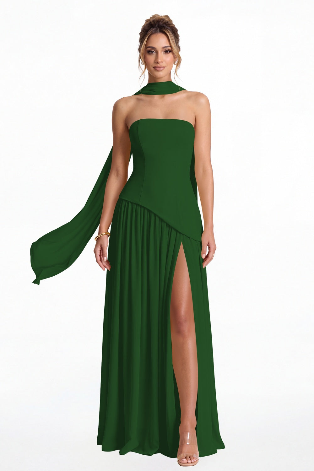 Emerald Green Strapless Scarf Chiffon Slit Maxi Gown - Front View