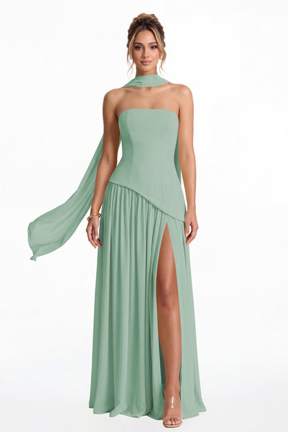Eucalyptus Strapless Scarf Chiffon Slit Maxi Gown - Front View