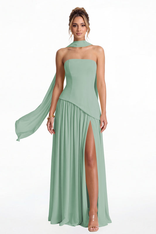 Eucalyptus Strapless Scarf Chiffon Slit Maxi Gown - Front View