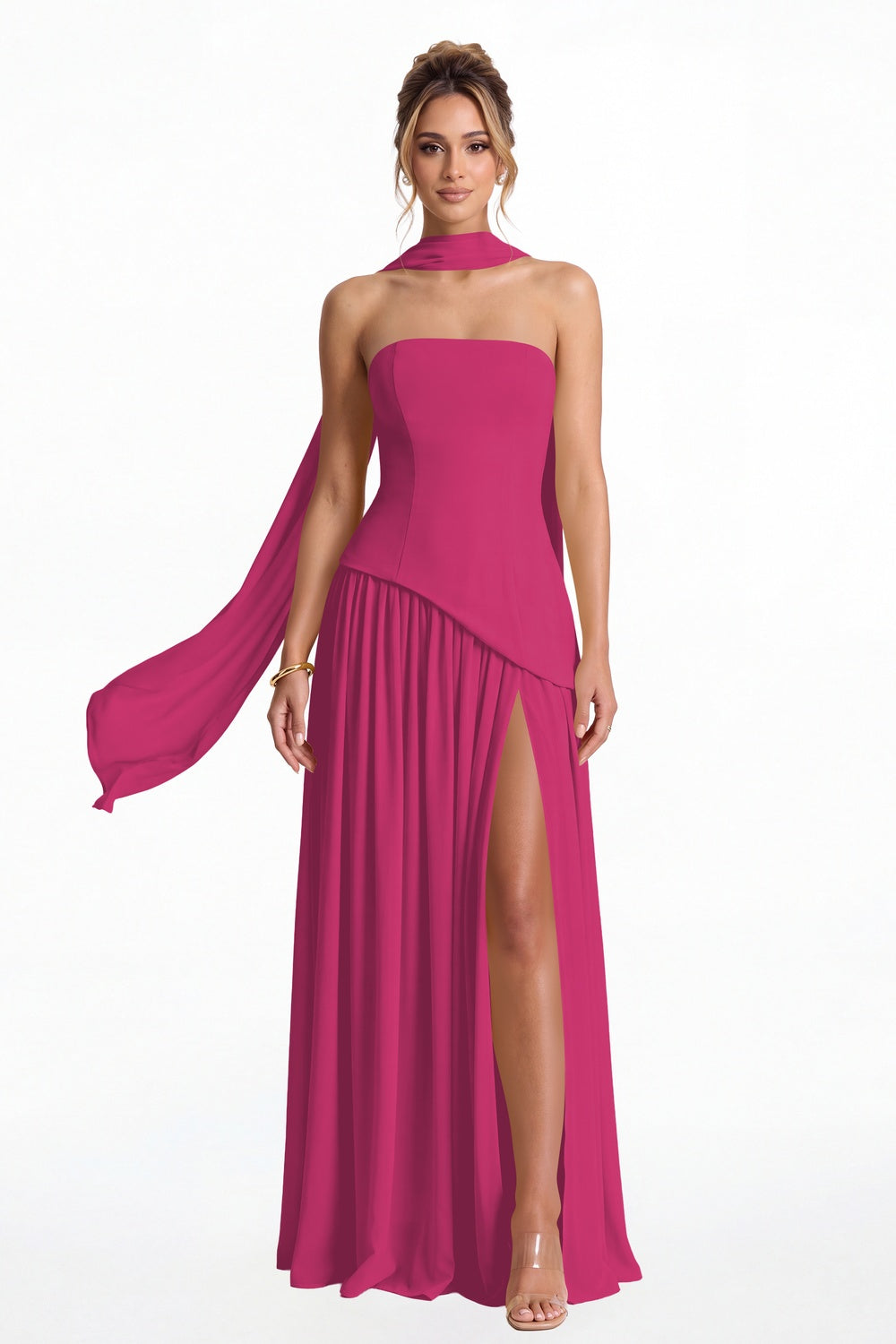 Fuchsia Strapless Scarf Chiffon Slit Maxi Gown - Front View