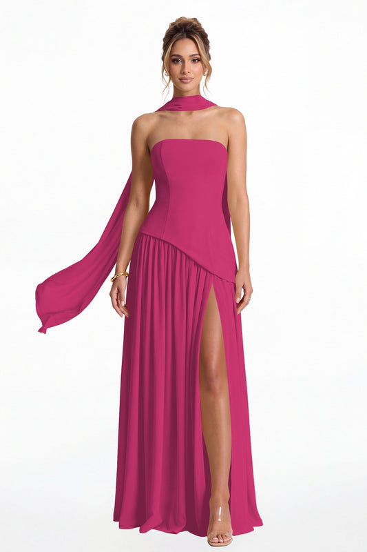 Fuchsia Strapless Scarf Chiffon Slit Maxi Gown - Front View