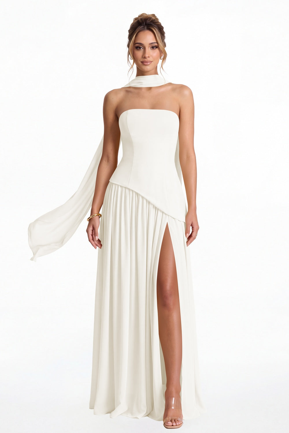 Ivory Strapless Scarf Chiffon Slit Maxi Gown - Front View