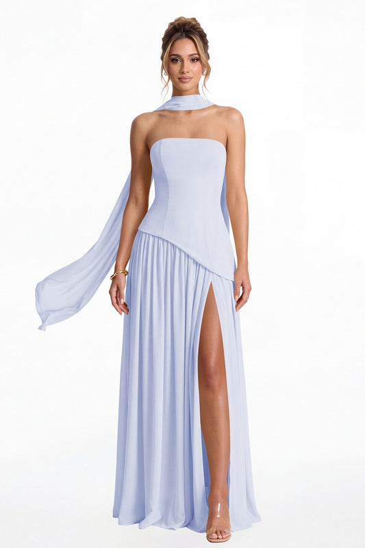 Lavender Strapless Scarf Chiffon Slit Maxi Gown - Front View
