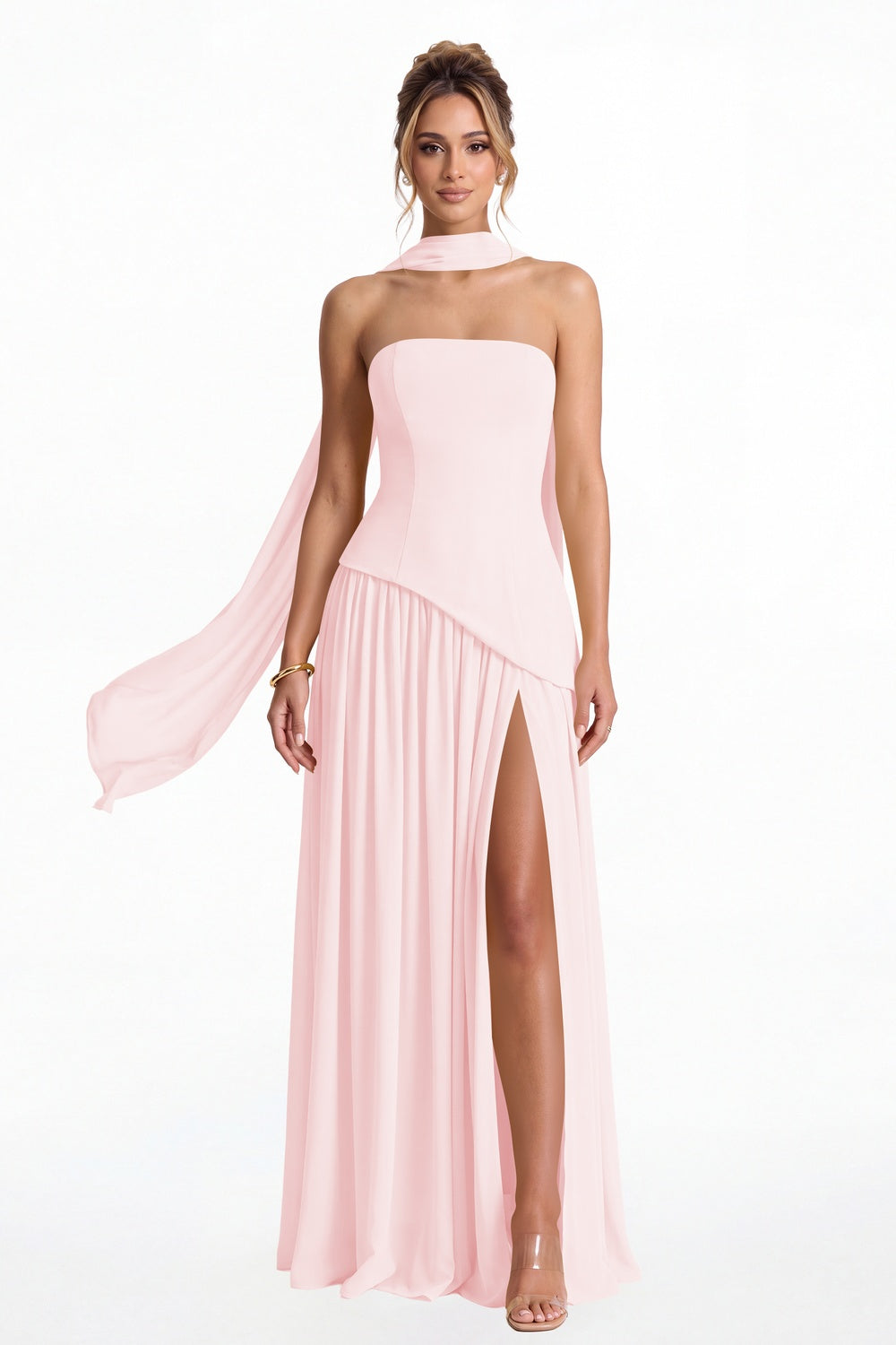 Light Pink Strapless Scarf Chiffon Slit Maxi Gown - Front View