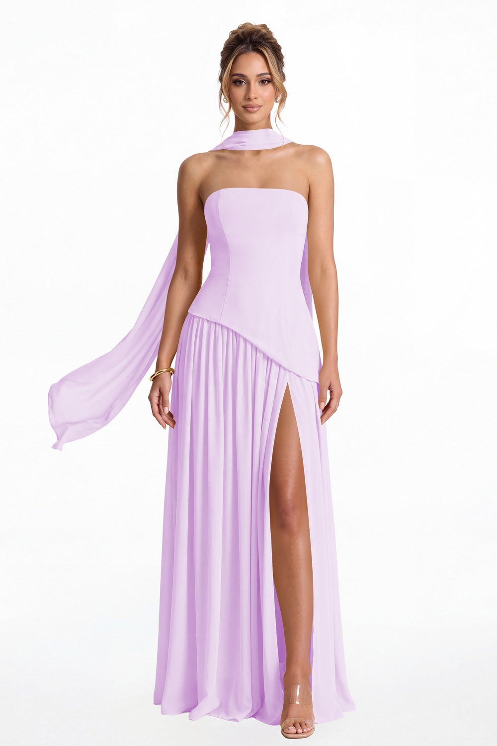 Lilac Strapless Scarf Chiffon Slit Maxi Gown - Front View