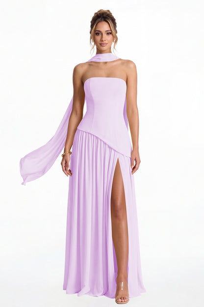 Lilac Strapless Scarf Chiffon Slit Maxi Gown - Front View