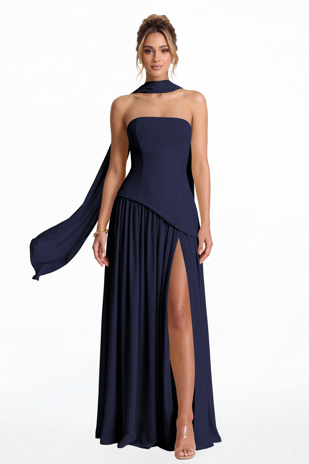Navy Blue Strapless Scarf Chiffon Slit Maxi Gown - Front View