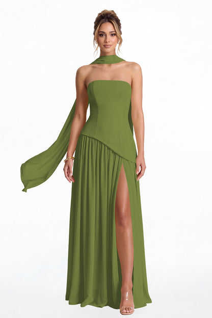 Olive Green Strapless Scarf Chiffon Slit Maxi Gown - Front View