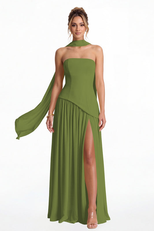 Olive Green Strapless Scarf Chiffon Slit Maxi Gown - Front View