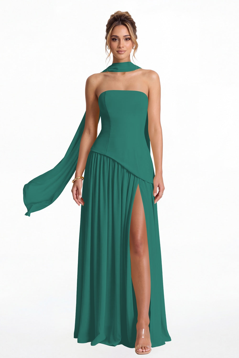 Peacock Strapless Scarf Chiffon Slit Maxi Gown - Front View