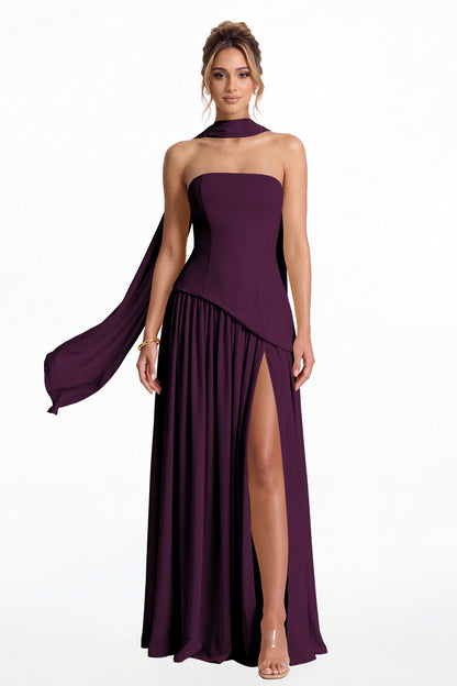 Plum Strapless Scarf Chiffon Slit Maxi Gown - Front View