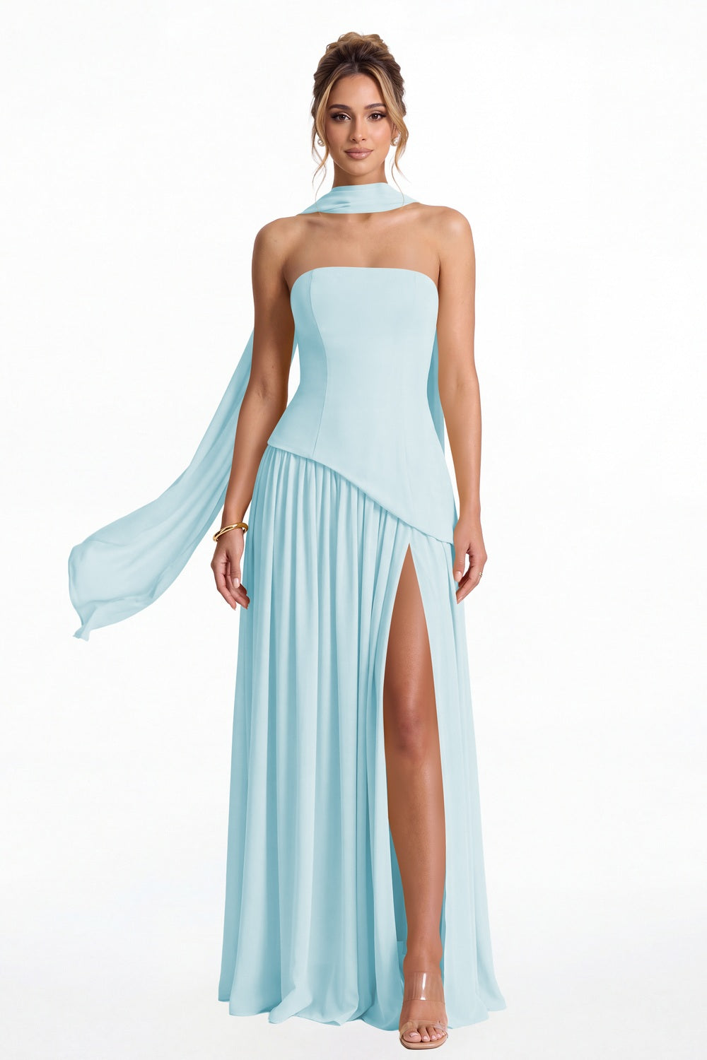 Powder Blue Strapless Scarf Chiffon Slit Maxi Gown - Front View