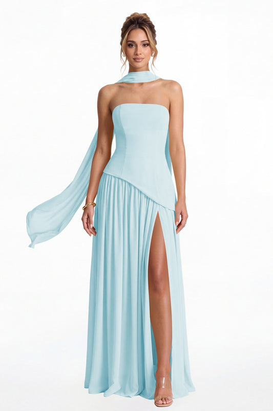 Powder Blue Strapless Scarf Chiffon Slit Maxi Gown - Front View