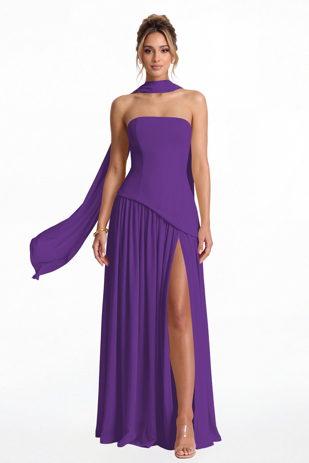 Purple Strapless Scarf Chiffon Slit Maxi Gown - Front View