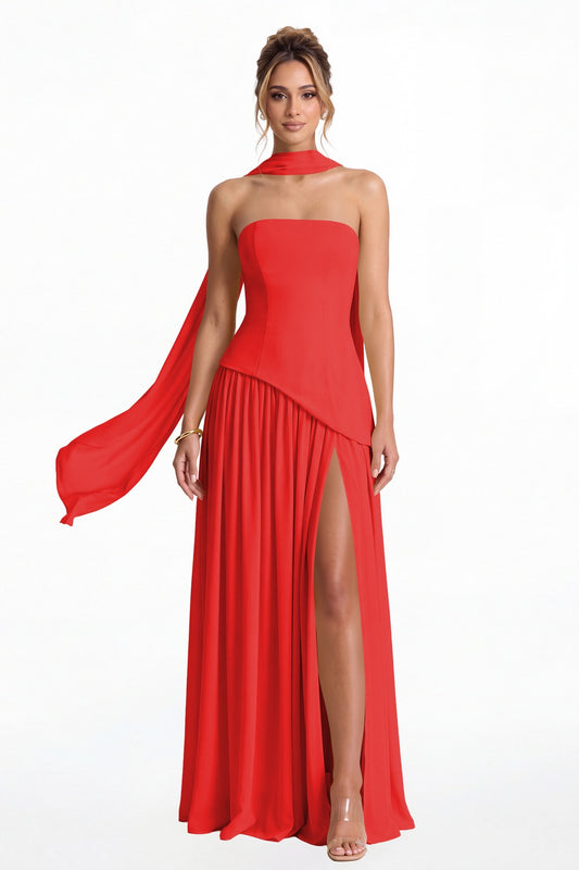 Red Strapless Scarf Chiffon Slit Maxi Gown - Front View
