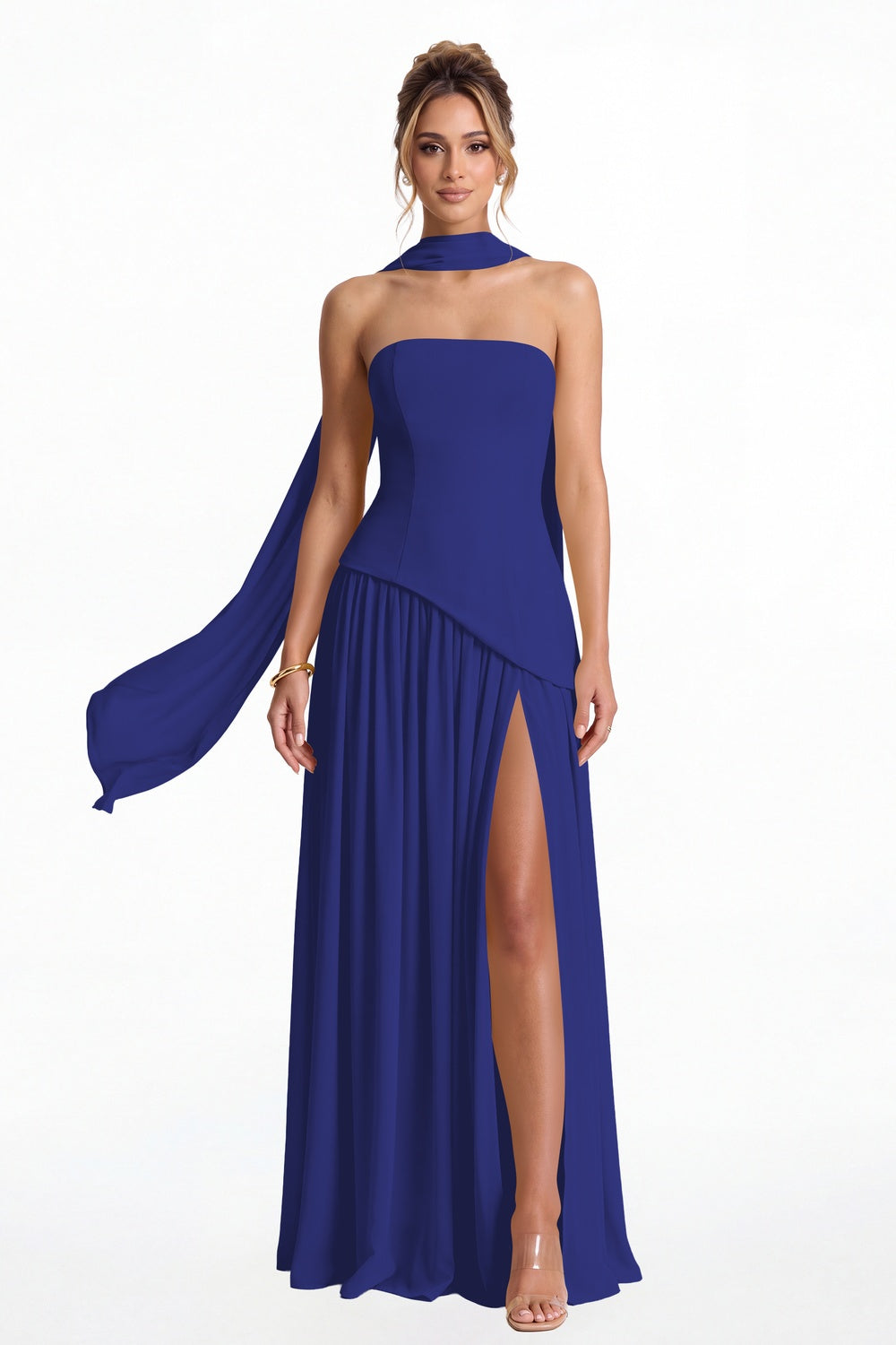 Royal Blue Strapless Scarf Chiffon Slit Maxi Gown - Front View