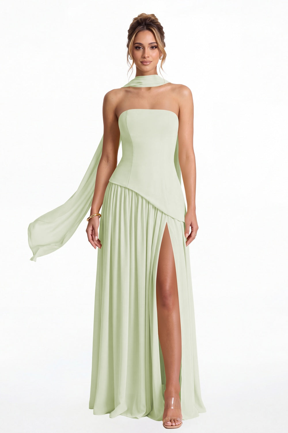 Sage Green Strapless Scarf Chiffon Slit Maxi Gown - Front View