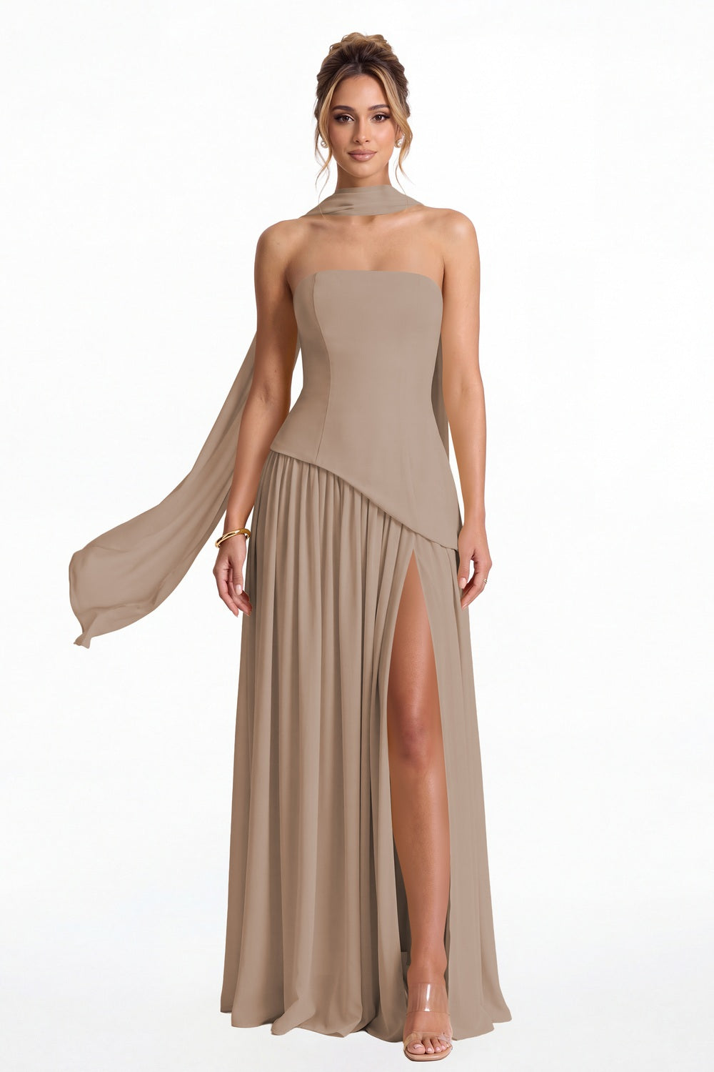 Taupe Strapless Scarf Chiffon Slit Maxi Gown - Front View