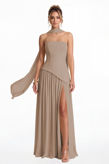 Taupe Strapless Scarf Chiffon Slit Maxi Gown - Front View