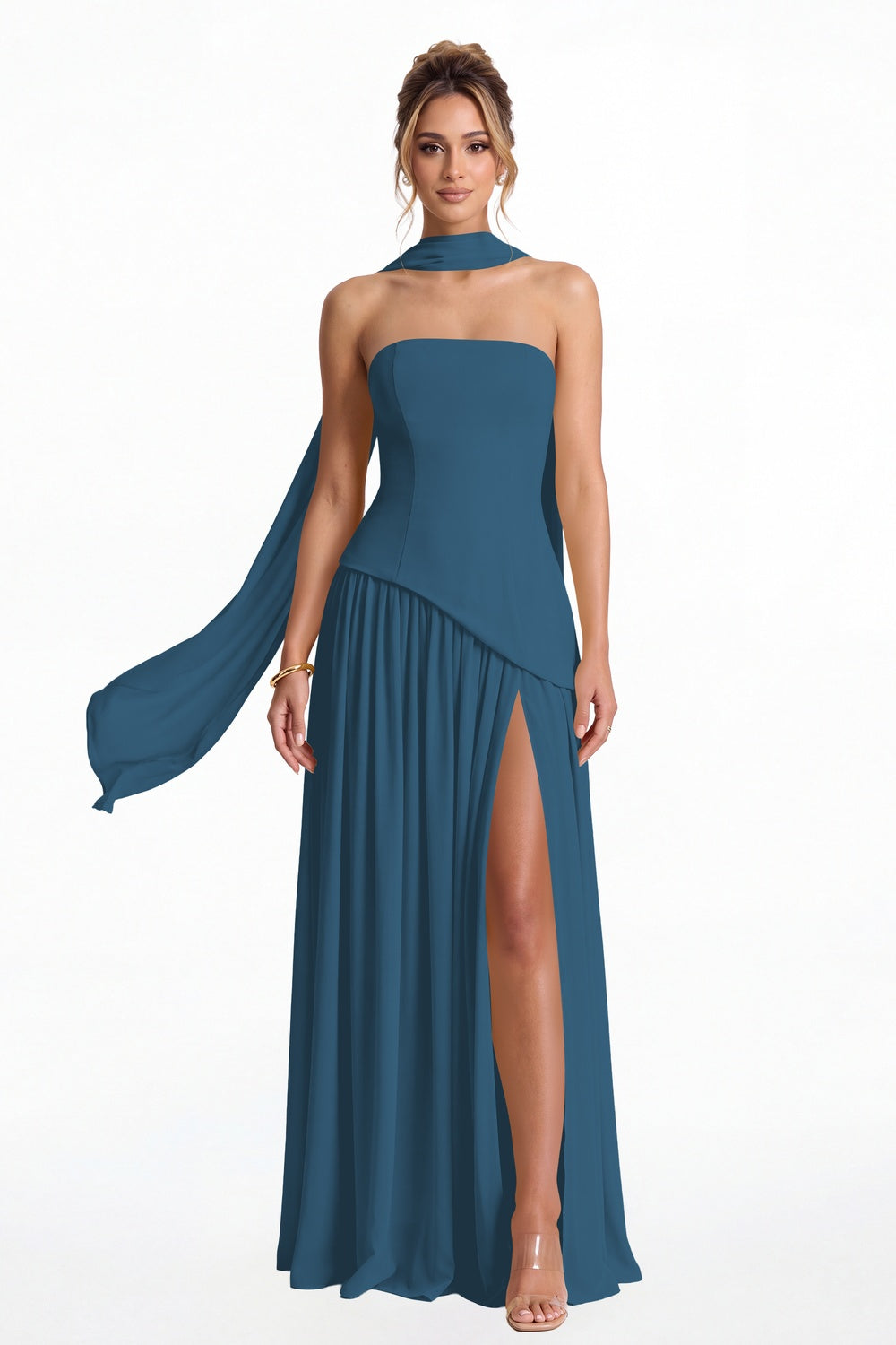Teal Strapless Scarf Chiffon Slit Maxi Gown - Front View