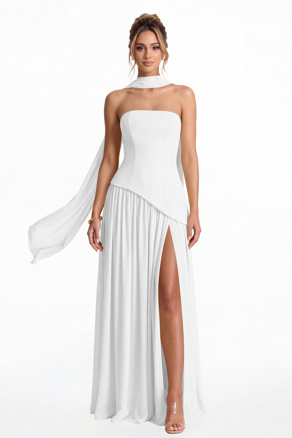 White Strapless Scarf Chiffon Slit Maxi Gown - Front View