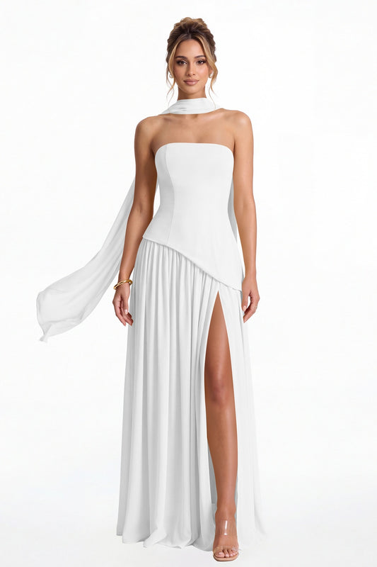 White Strapless Scarf Chiffon Slit Maxi Gown - Front View
