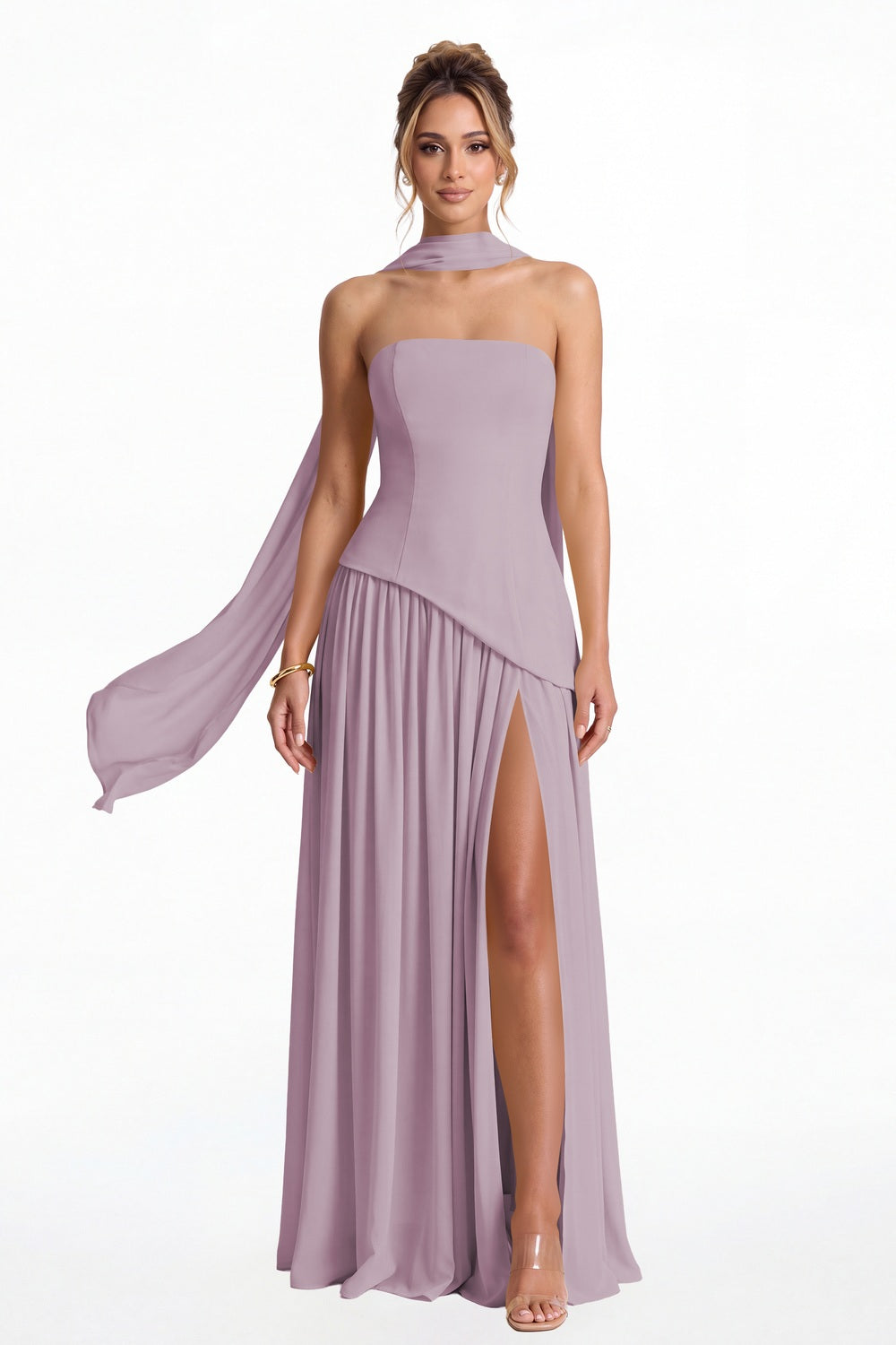 Wisteria Strapless Scarf Chiffon Slit Maxi Gown - Front View