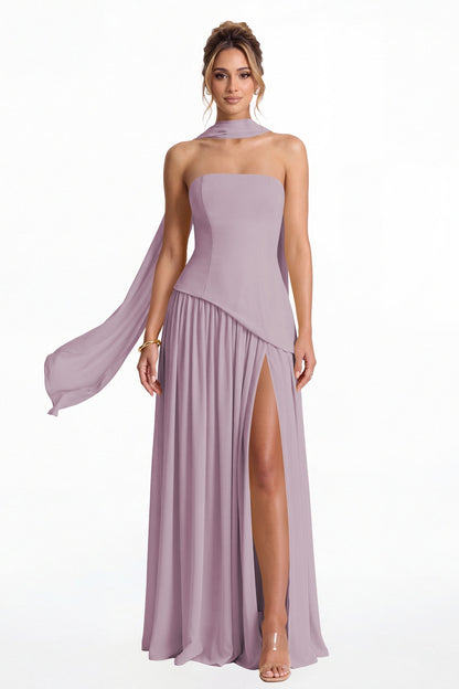 Wisteria Strapless Scarf Chiffon Slit Maxi Gown - Front View