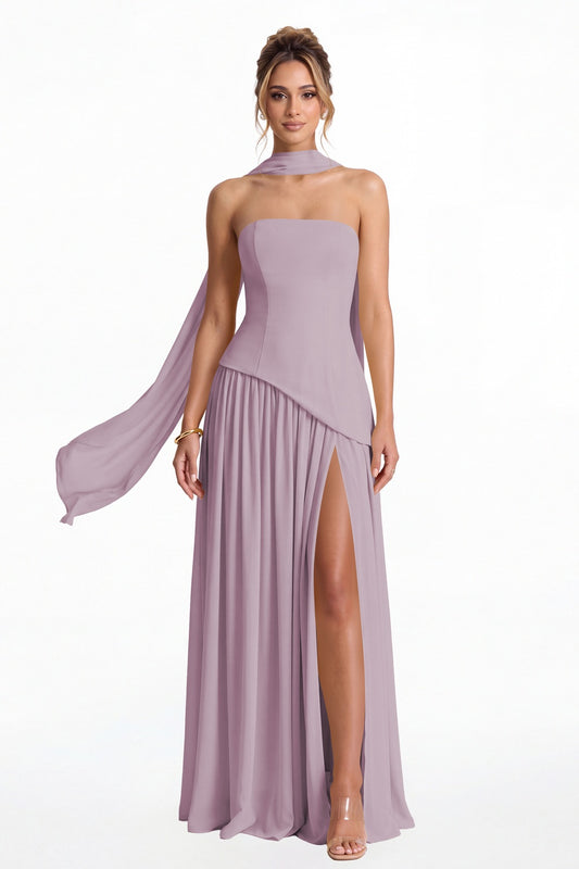 Wisteria Strapless Scarf Chiffon Slit Maxi Gown - Front View