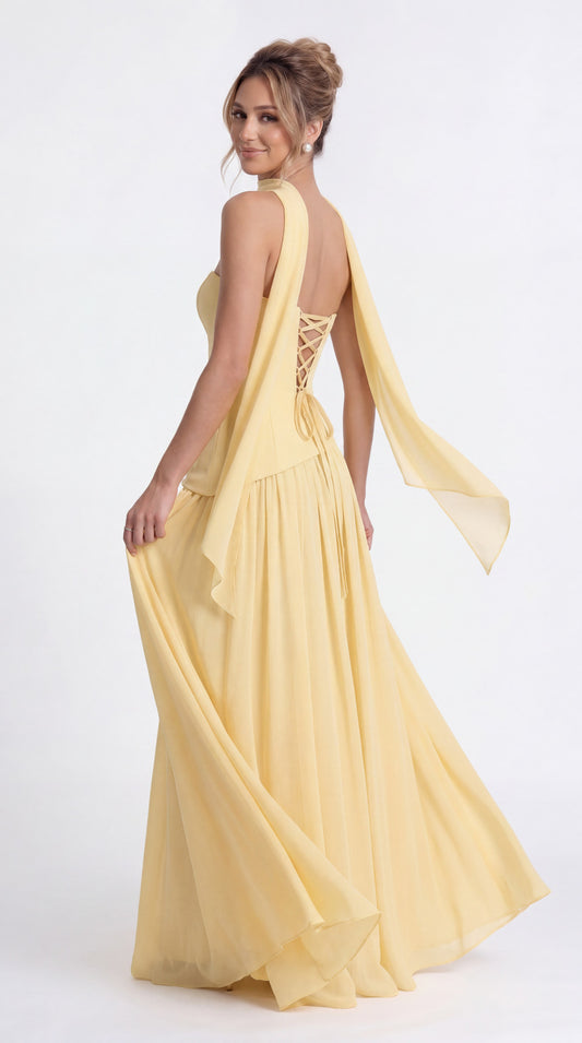 Strapless Scarf Chiffon Slit Maxi Gown - Back View