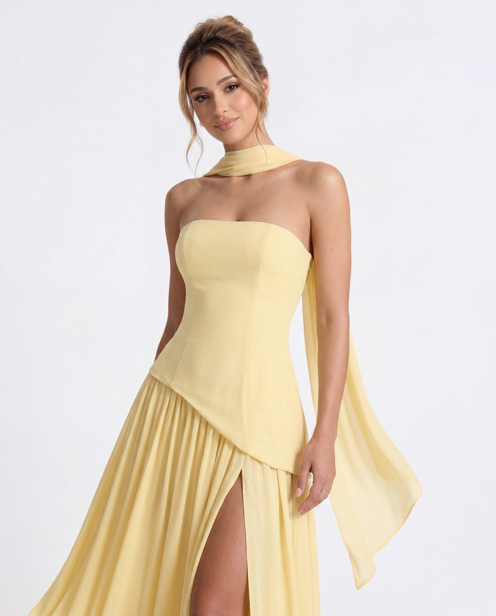 Strapless Scarf Chiffon Slit Maxi Gown - Detail View 2