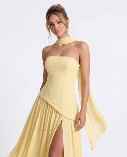Strapless Scarf Chiffon Slit Maxi Gown - Detail View 2
