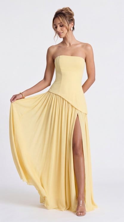 Strapless Scarf Chiffon Slit Maxi Gown - Detail View 3