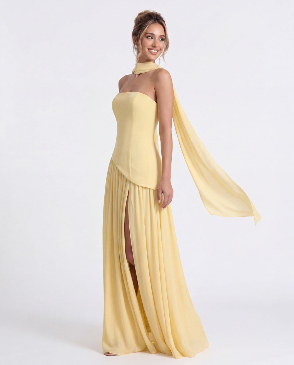 Strapless Scarf Chiffon Slit Maxi Gown - Detail View 4