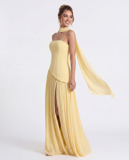 Strapless Scarf Chiffon Slit Maxi Gown - Detail View 4