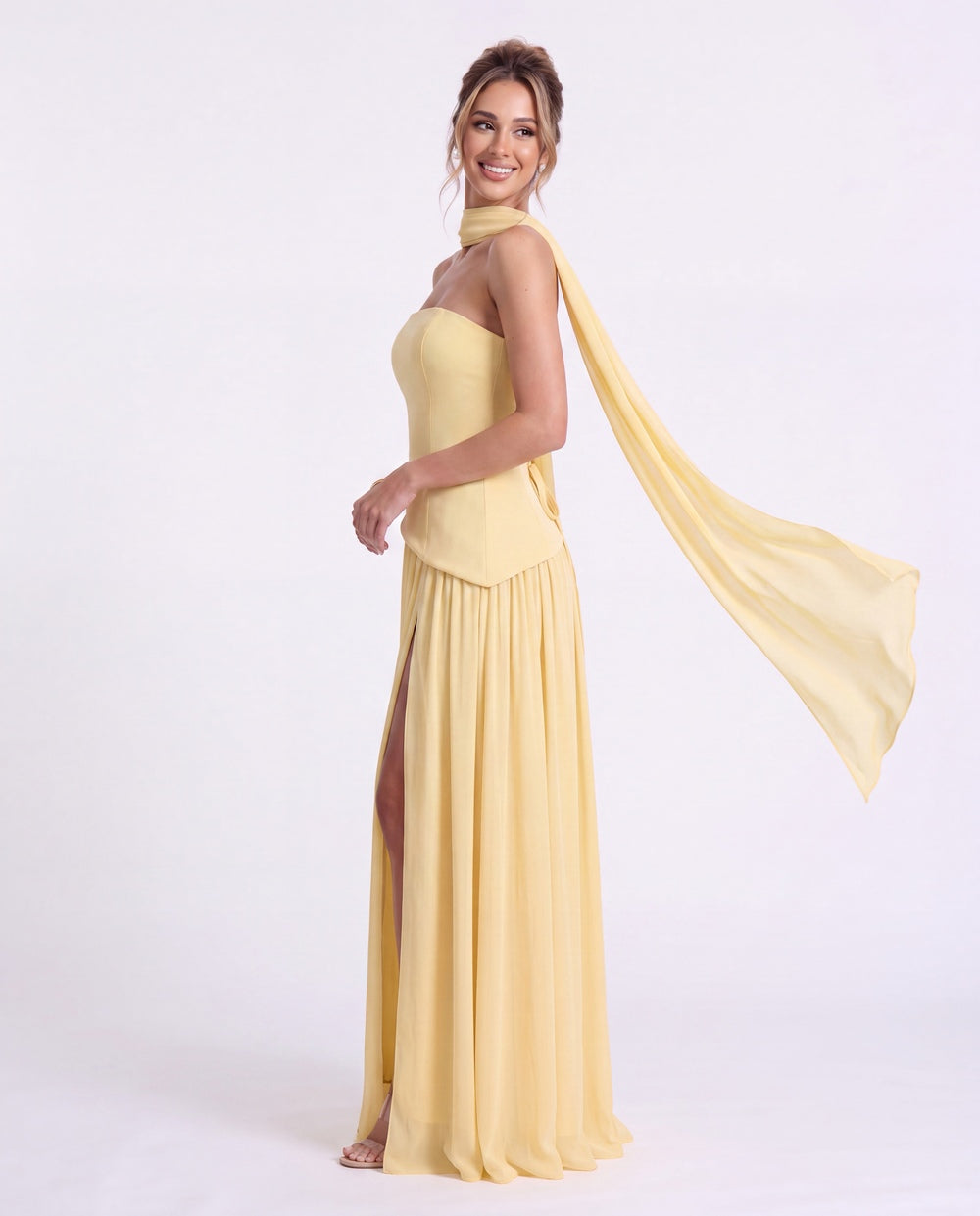 Strapless Scarf Chiffon Slit Maxi Gown - Detail View 5