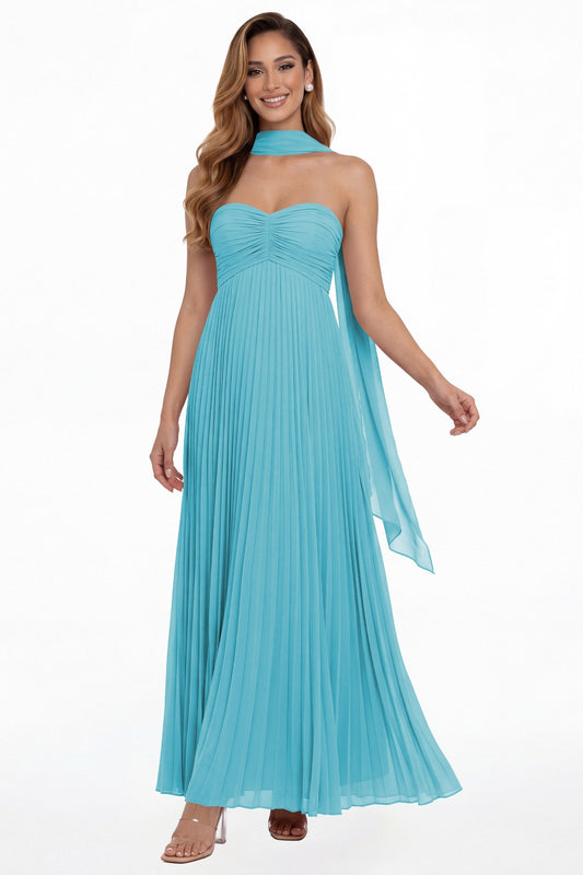 Aqua Blue Strapless Scarf Chiffon Pleated Maxi Gown - Front View