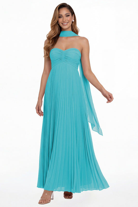 Aqua Blue Strapless Scarf Chiffon Pleated Maxi Gown - Front View