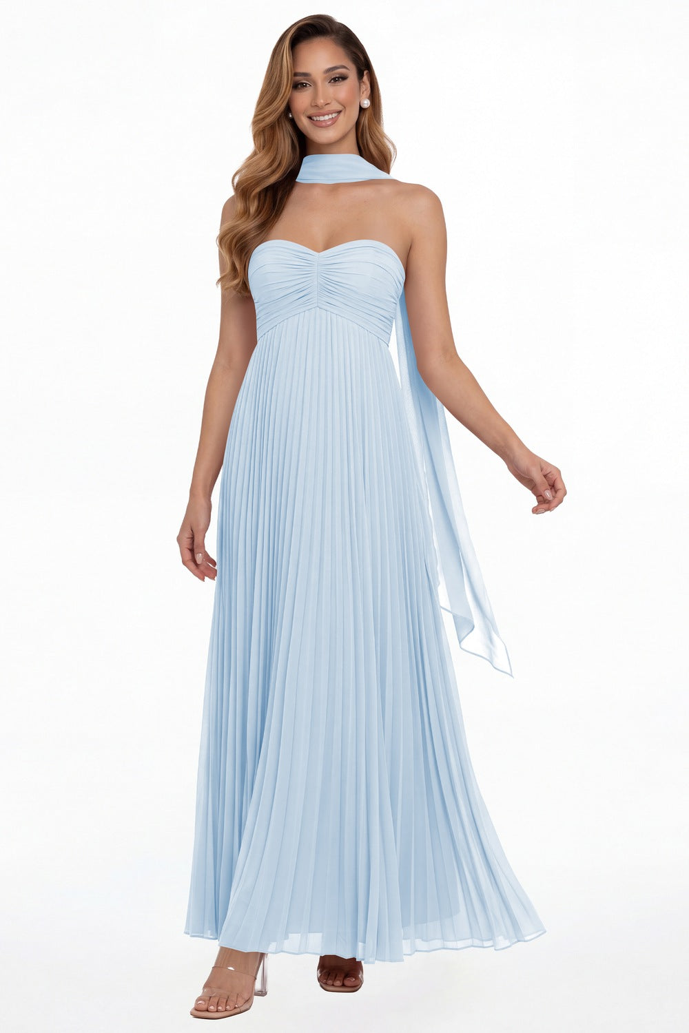 Baby Blue Strapless Scarf Chiffon Pleated Maxi Gown - Front View